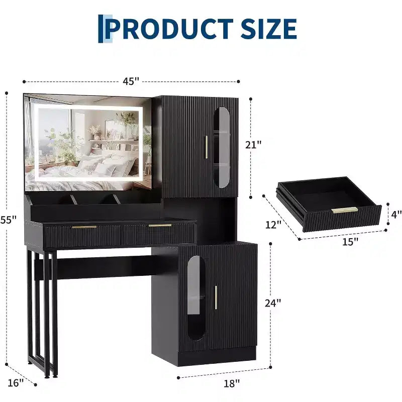 45 Wide Makeup Vanity with Large Cabinets, Drawers, Wooden Vanity Desk, Large Capacity for Bedroom