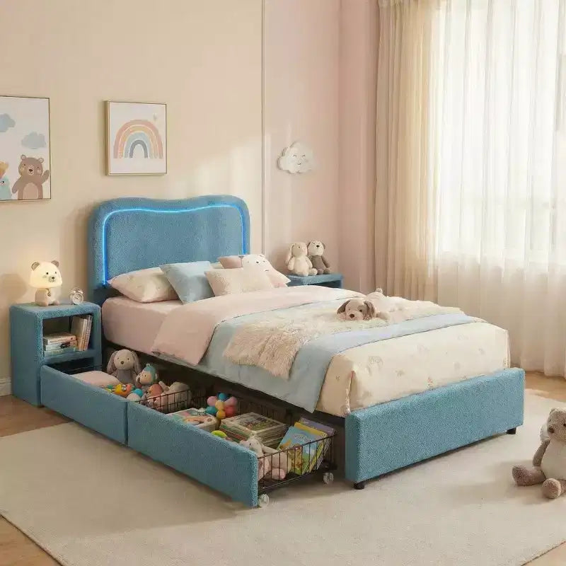 Boucle Twin Bed Frame with LED Headboard & Storage Drawers,Upholstered Platform Bed, Solid Wood Slats, No Box Spring Needed for Kids & Teens