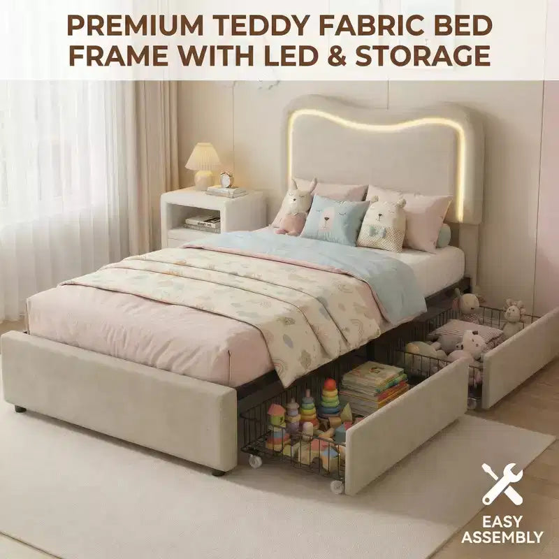 Boucle Twin Bed Frame with LED Headboard & Storage Drawers,Upholstered Platform Bed, Solid Wood Slats, No Box Spring Needed for Kids & Teens