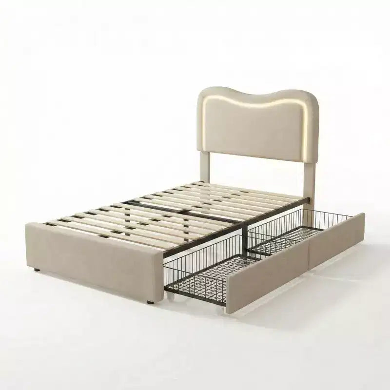 Boucle Twin Bed Frame with LED Headboard & Storage Drawers,Upholstered Platform Bed, Solid Wood Slats, No Box Spring Needed for Kids & Teens