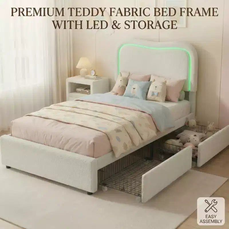 Boucle Twin Bed Frame with LED Headboard & Storage Drawers,Upholstered Platform Bed, Solid Wood Slats, No Box Spring Needed for Kids & Teens