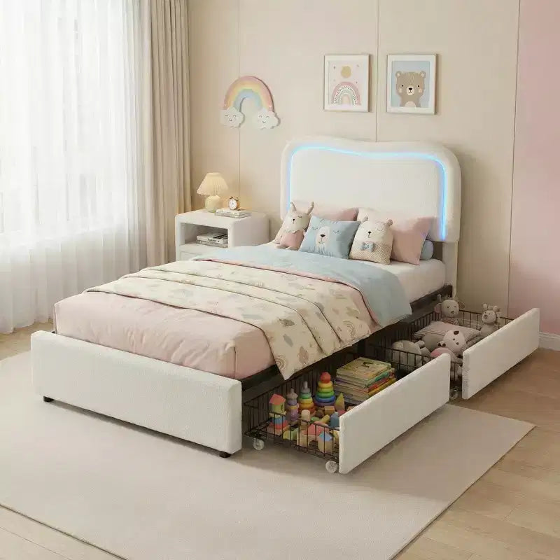 Boucle Twin Bed Frame with LED Headboard & Storage Drawers,Upholstered Platform Bed, Solid Wood Slats, No Box Spring Needed for Kids & Teens