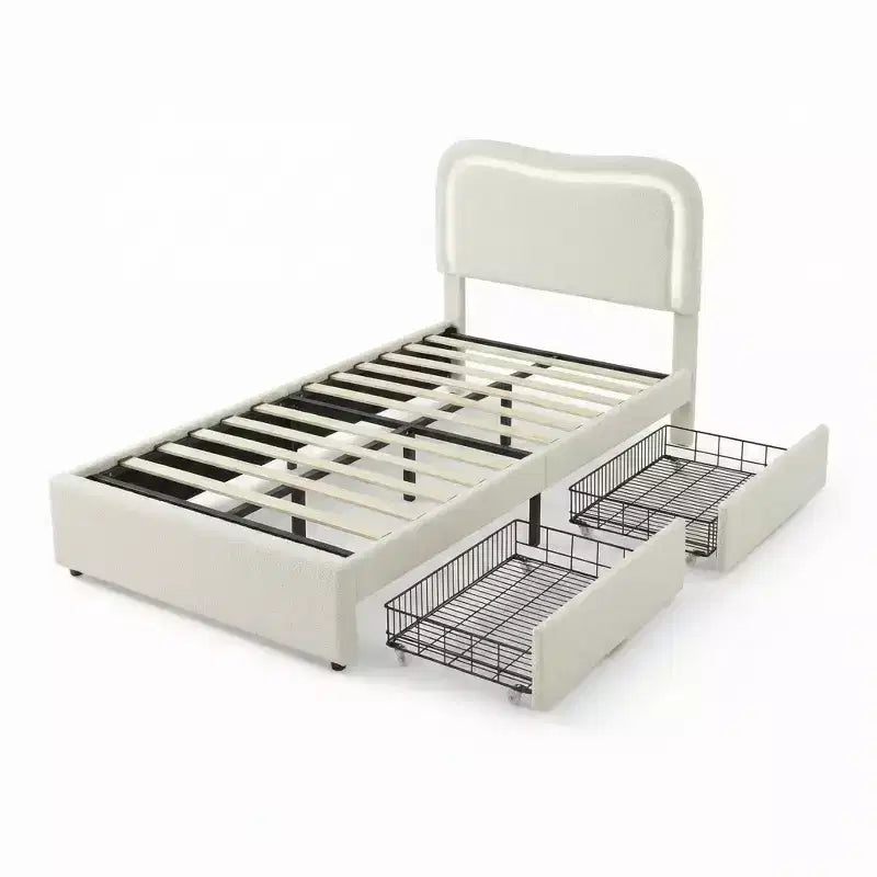 Boucle Twin Bed Frame with LED Headboard & Storage Drawers,Upholstered Platform Bed, Solid Wood Slats, No Box Spring Needed for Kids & Teens