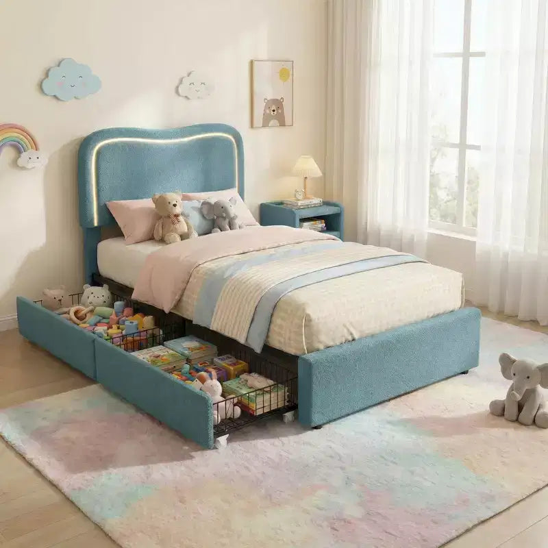 Boucle Twin Bed Frame with LED Headboard & Storage Drawers,Upholstered Platform Bed, Solid Wood Slats, No Box Spring Needed for Kids & Teens