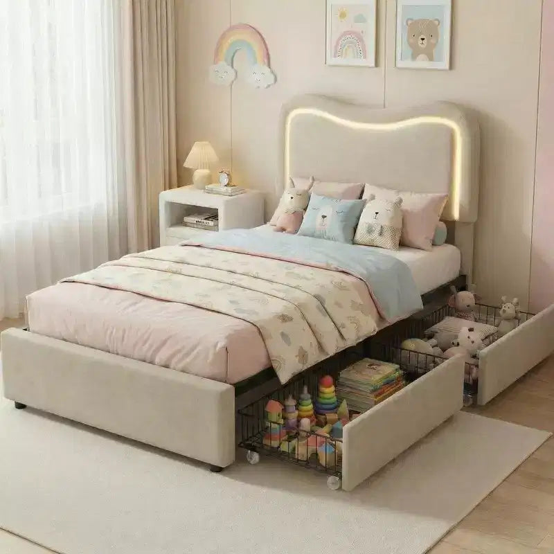 Boucle Twin Bed Frame with LED Headboard & Storage Drawers,Upholstered Platform Bed, Solid Wood Slats, No Box Spring Needed for Kids & Teens