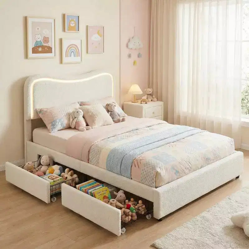 Boucle Twin Bed Frame with LED Headboard & Storage Drawers,Upholstered Platform Bed, Solid Wood Slats, No Box Spring Needed for Kids & Teens