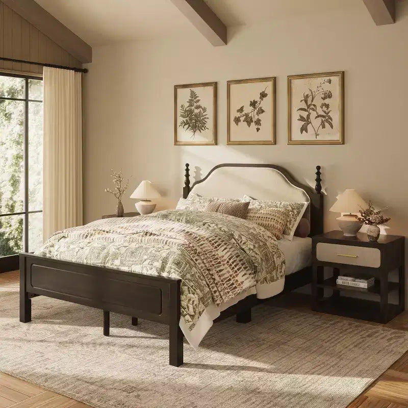 Queen Bedroom Sets Furniture-85 Solid Wood Bed Frame with Upholstered Headboard & 2 Nightstands, No Box Spring Needed, For Bedroom-Morden Fort