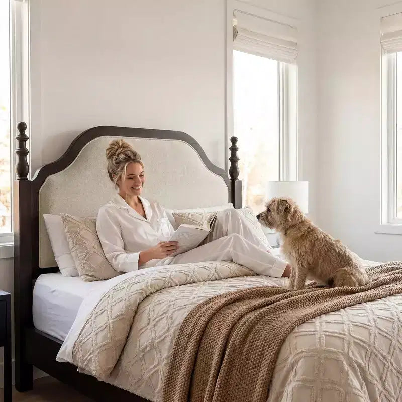 Queen Bedroom Sets Furniture-85 Solid Wood Bed Frame with Upholstered Headboard & 2 Nightstands, No Box Spring Needed, For Bedroom-Morden Fort