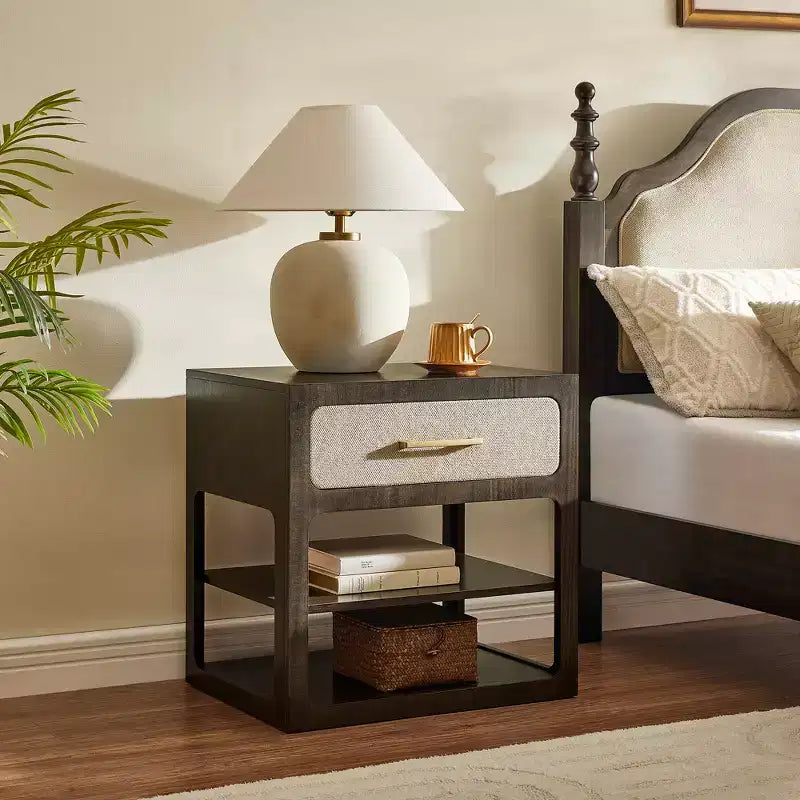 Queen Bedroom Sets Furniture-85 Solid Wood Bed Frame with Upholstered Headboard & 2 Nightstands, No Box Spring Needed, For Bedroom-Morden Fort