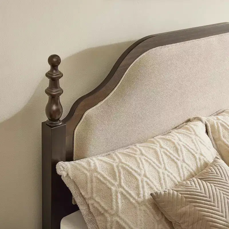 Queen Bedroom Sets Furniture-85 Solid Wood Bed Frame with Upholstered Headboard & 2 Nightstands, No Box Spring Needed, For Bedroom-Morden Fort