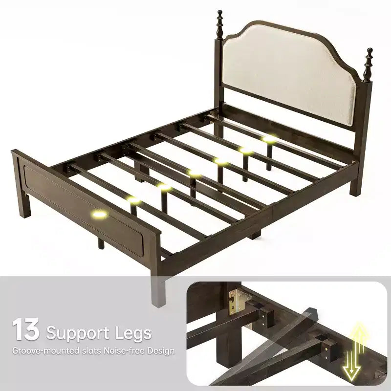 Queen Bedroom Sets Furniture-85 Solid Wood Bed Frame with Upholstered Headboard & 2 Nightstands, No Box Spring Needed, For Bedroom-Morden Fort