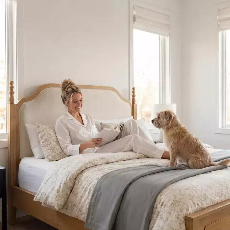 Queen Bedroom Sets Furniture-85 Solid Wood Bed Frame with Upholstered Headboard & 2 Nightstands, No Box Spring Needed, For Bedroom-Morden Fort