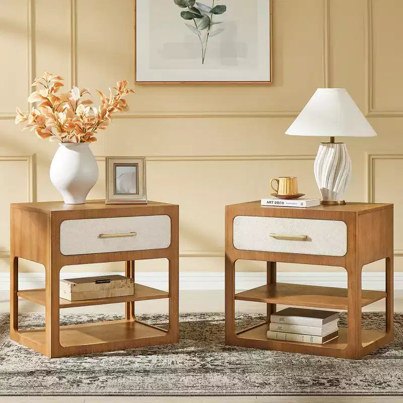 Queen Bedroom Sets Furniture-85 Solid Wood Bed Frame with Upholstered Headboard & 2 Nightstands, No Box Spring Needed, For Bedroom-Morden Fort