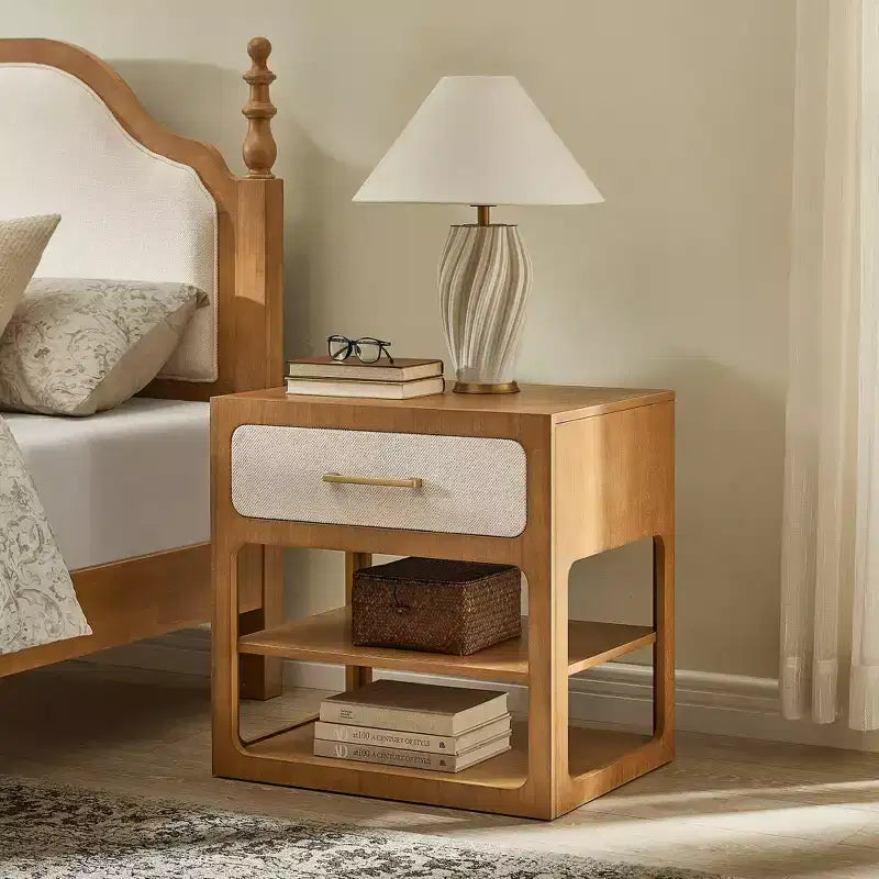 Queen Bedroom Sets Furniture-85 Solid Wood Bed Frame with Upholstered Headboard & 2 Nightstands, No Box Spring Needed, For Bedroom-Morden Fort