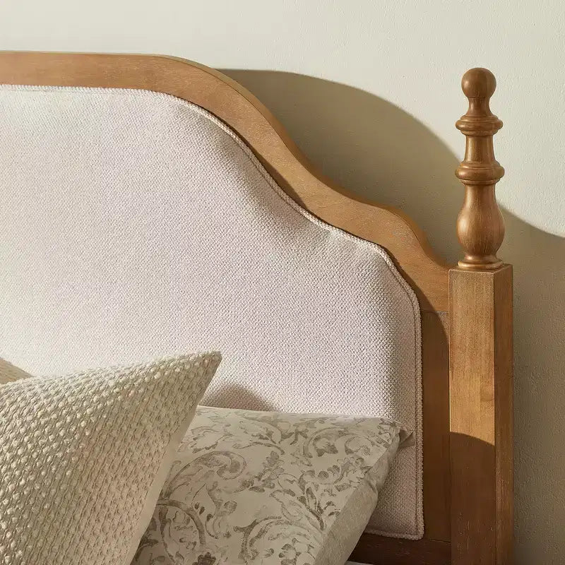 Queen Bedroom Sets Furniture-85 Solid Wood Bed Frame with Upholstered Headboard & 2 Nightstands, No Box Spring Needed, For Bedroom-Morden Fort