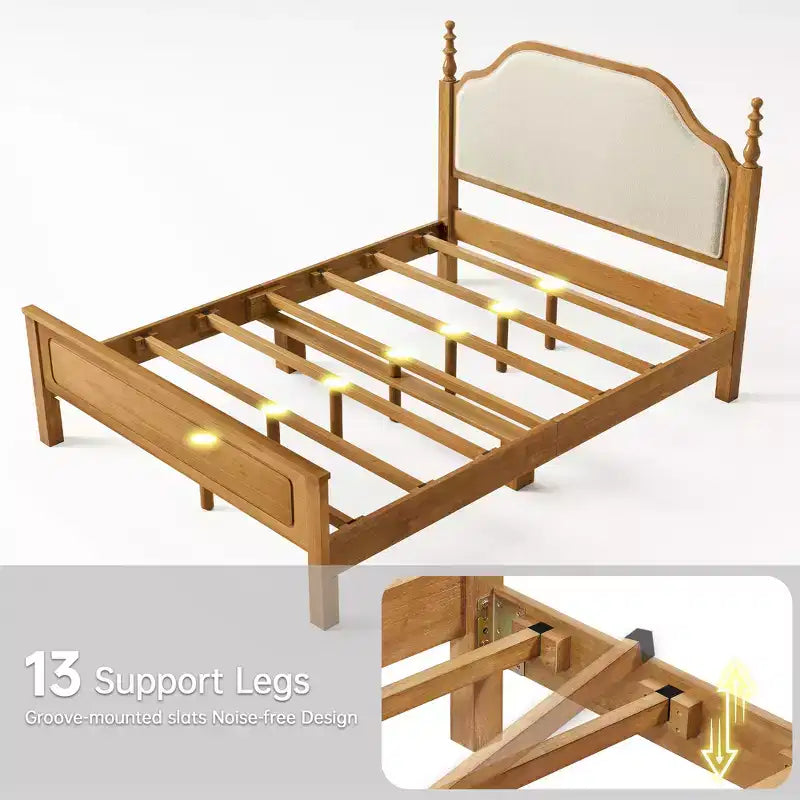 Queen Bedroom Sets Furniture-85 Solid Wood Bed Frame with Upholstered Headboard & 2 Nightstands, No Box Spring Needed, For Bedroom-Morden Fort