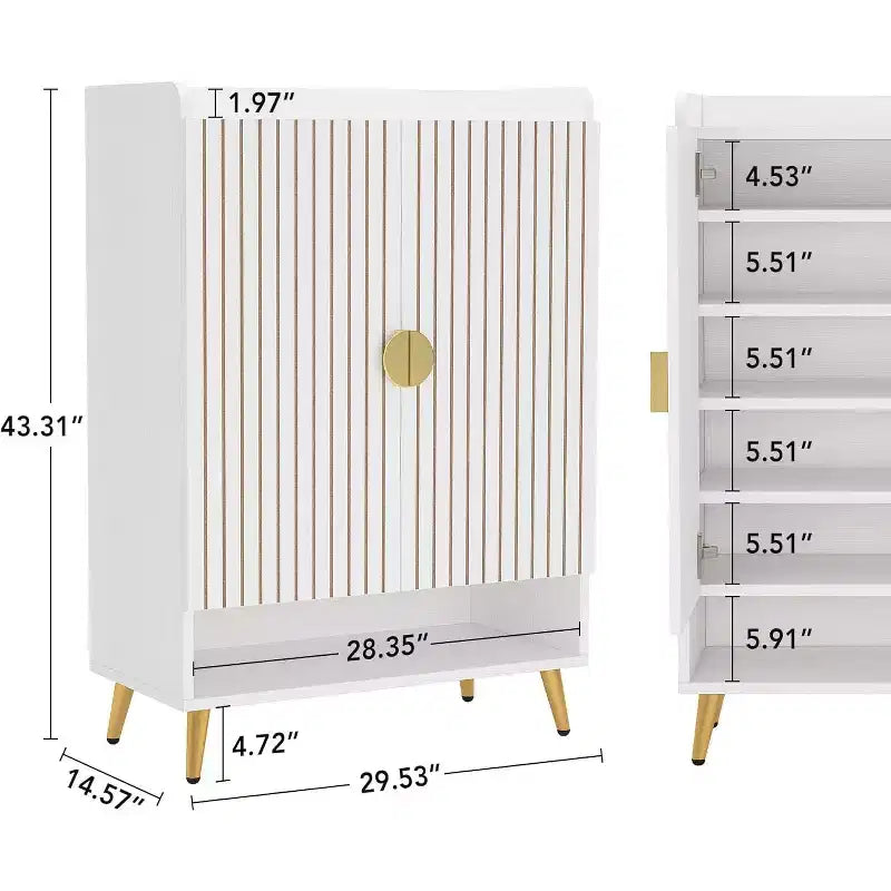 Lantine 6-Tier Wooden Shoe Cabinet with Doors and Adjustable Shelves, White & Gold, ideal for Entryway, Hallway, Closet, Living Room shoe storage.