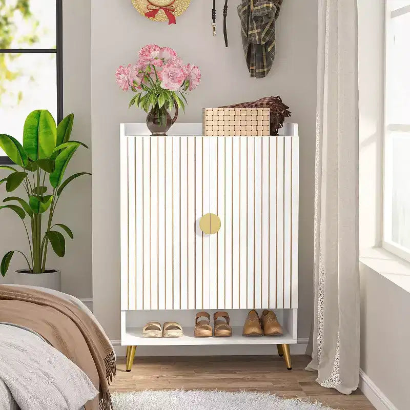 Lantine 6-Tier Wooden Shoe Cabinet with Doors and Adjustable Shelves, White & Gold, ideal for Entryway, Hallway, Closet, Living Room shoe storage.