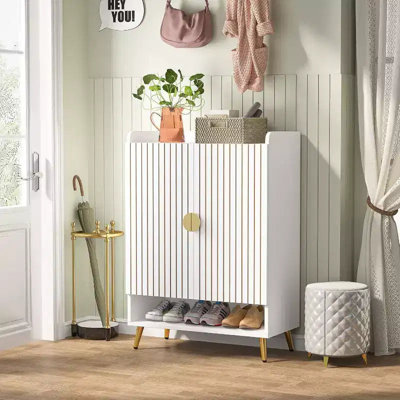 Lantine 6-Tier Wooden Shoe Cabinet with Doors and Adjustable Shelves, White & Gold, ideal for Entryway, Hallway, Closet, Living Room shoe storage.