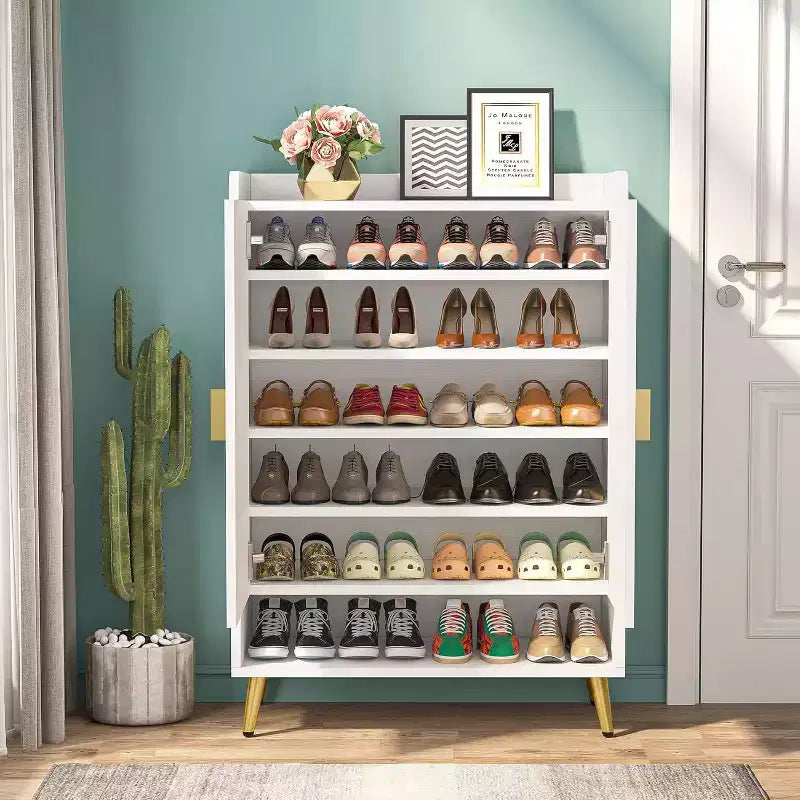 Lantine 6-Tier Wooden Shoe Cabinet with Doors and Adjustable Shelves, White & Gold, ideal for Entryway, Hallway, Closet, Living Room shoe storage.