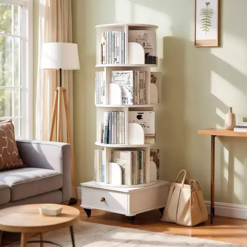 Libreria girevole a 360° con contenitore, Scaffale angolare a 4 ripiani da terra per piccoli spazi, Libreria mobile con ruote per ufficio a casa