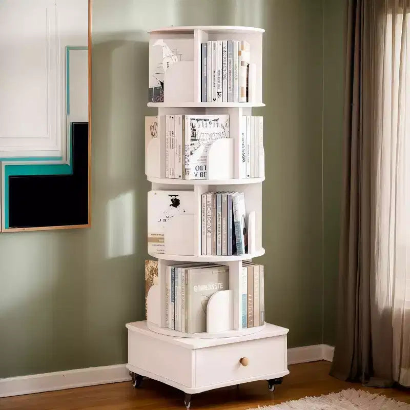 Libreria girevole a 360° con contenitore, Scaffale angolare a 4 ripiani da terra per piccoli spazi, Libreria mobile con ruote per ufficio a casa