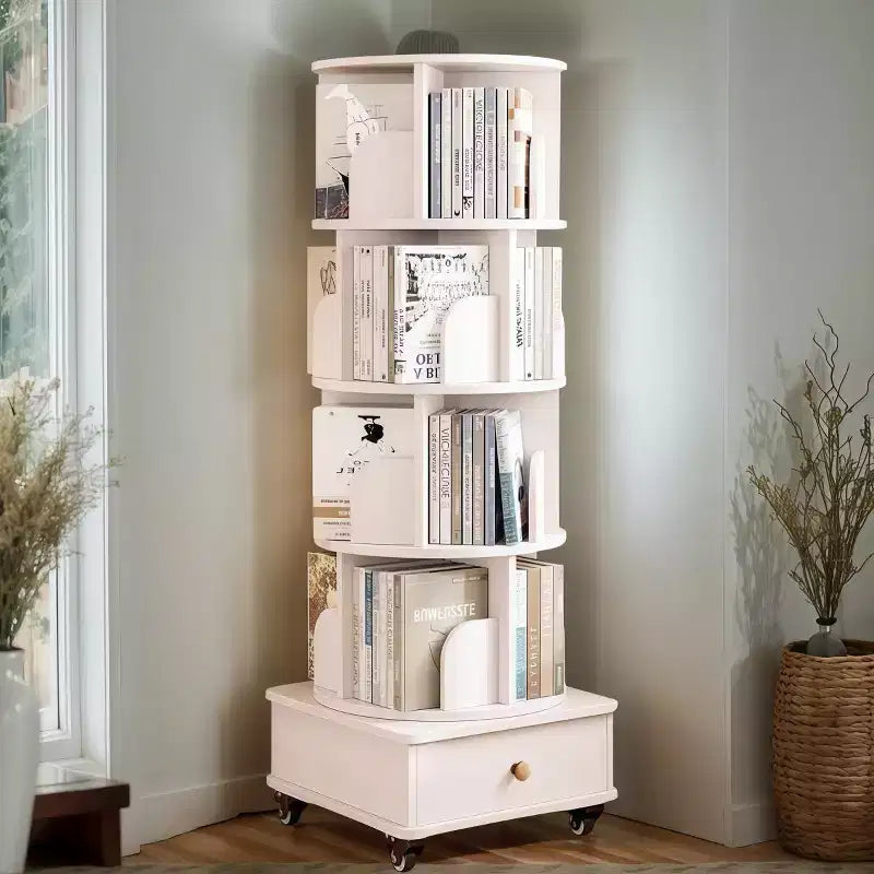 Libreria girevole a 360° con contenitore, Scaffale angolare a 4 ripiani da terra per piccoli spazi, Libreria mobile con ruote per ufficio a casa