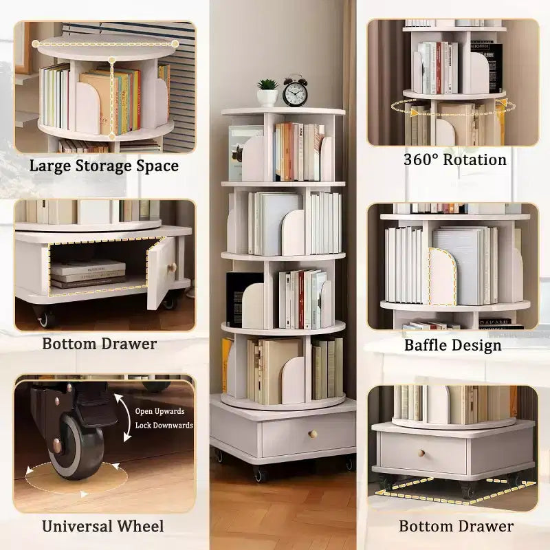 Libreria girevole a 360° con contenitore, Scaffale angolare a 4 ripiani da terra per piccoli spazi, Libreria mobile con ruote per ufficio a casa