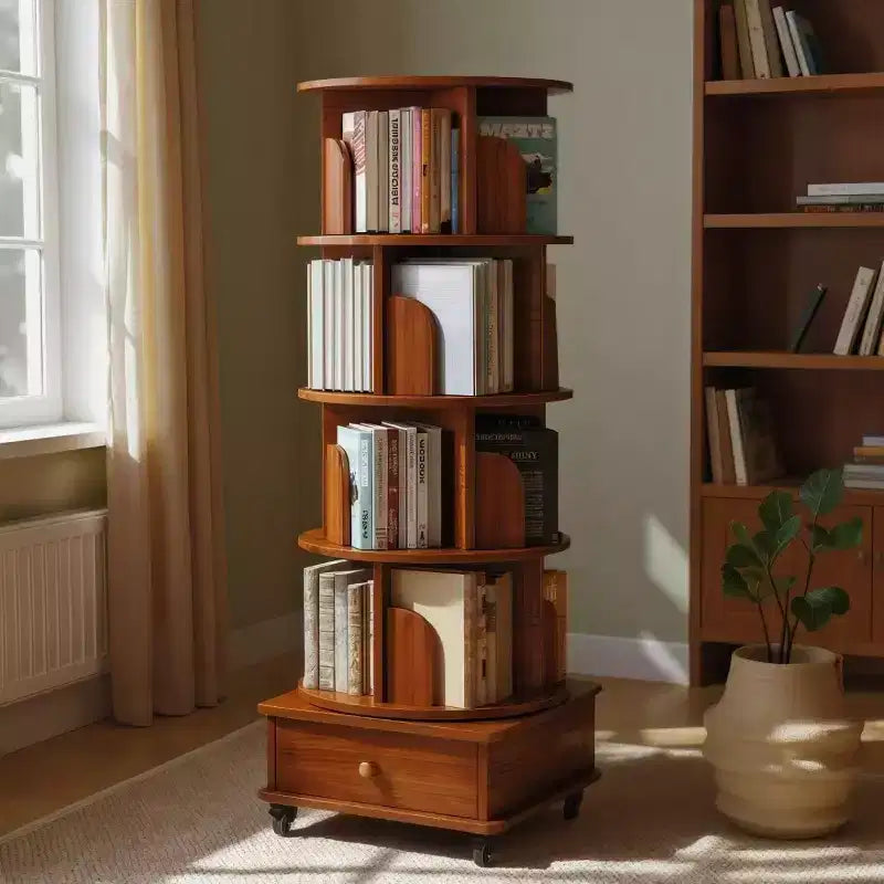 Libreria girevole a 360° con contenitore, Scaffale angolare a 4 ripiani da terra per piccoli spazi, Libreria mobile con ruote per ufficio a casa