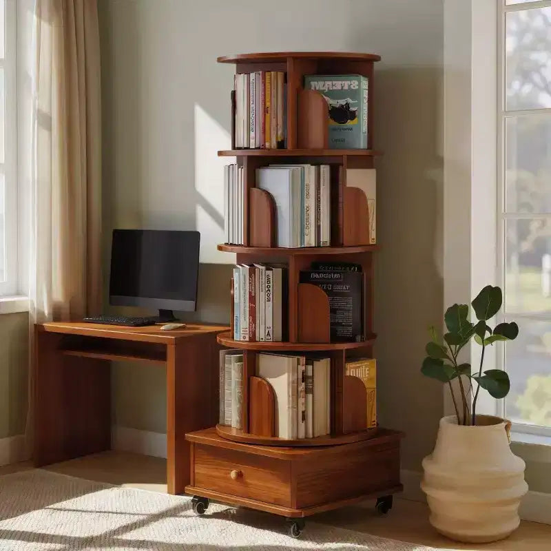 Libreria girevole a 360° con contenitore, Scaffale angolare a 4 ripiani da terra per piccoli spazi, Libreria mobile con ruote per ufficio a casa