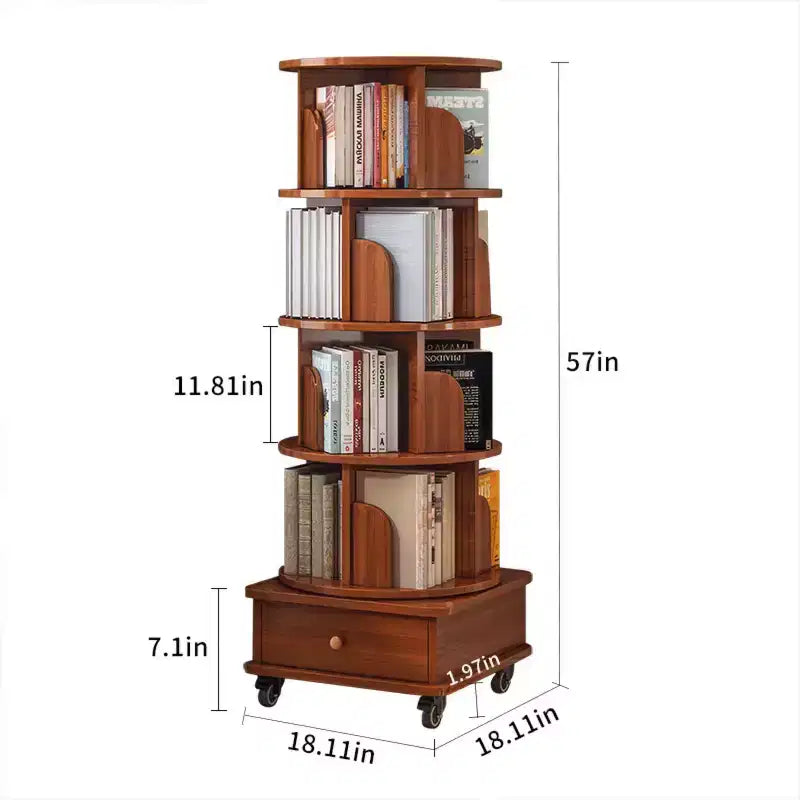 Libreria girevole a 360° con contenitore, Scaffale angolare a 4 ripiani da terra per piccoli spazi, Libreria mobile con ruote per ufficio a casa