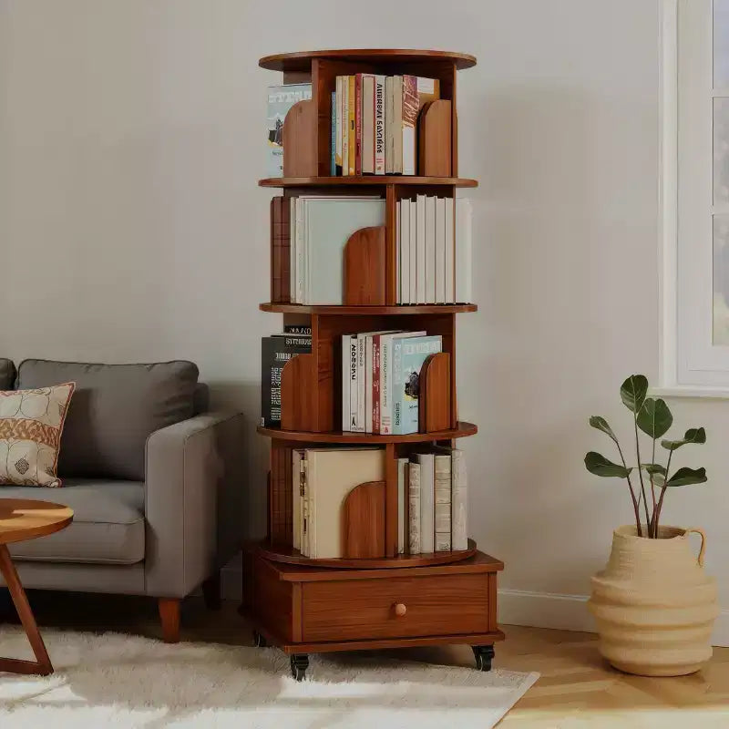 Libreria girevole a 360° con contenitore, Scaffale angolare a 4 ripiani da terra per piccoli spazi, Libreria mobile con ruote per ufficio a casa