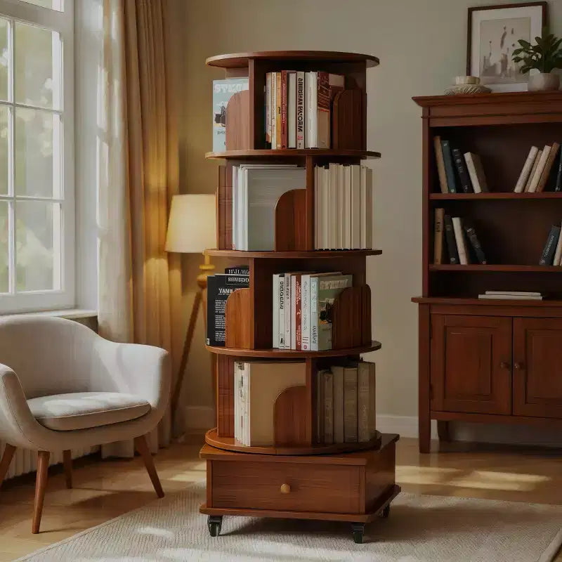 Libreria girevole a 360° con contenitore, Scaffale angolare a 4 ripiani da terra per piccoli spazi, Libreria mobile con ruote per ufficio a casa