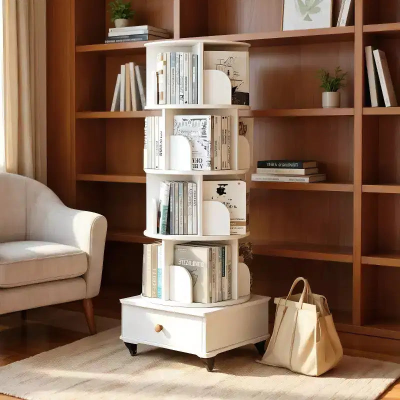 Libreria girevole a 360° con contenitore, Scaffale angolare a 4 ripiani da terra per piccoli spazi, Libreria mobile con ruote per ufficio a casa