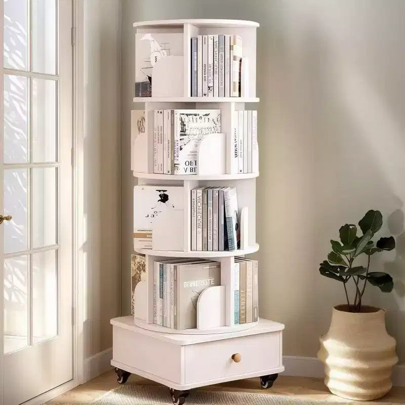 Libreria girevole a 360° con contenitore, Scaffale angolare a 4 ripiani da terra per piccoli spazi, Libreria mobile con ruote per ufficio a casa
