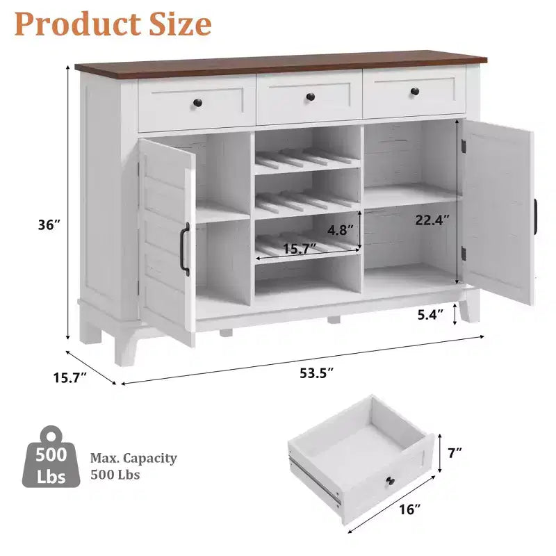 53.5 Credenza Bar Rustica con Anta Scorrevole, 3 Cassetti, Ripiano Regolabile e Portabottiglie Rimovibile per Sala da Pranzo