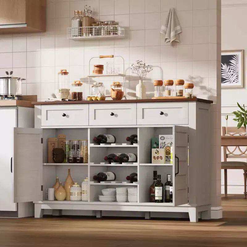 53.5 Credenza Bar Rustica con Anta Scorrevole, 3 Cassetti, Ripiano Regolabile e Portabottiglie Rimovibile per Sala da Pranzo
