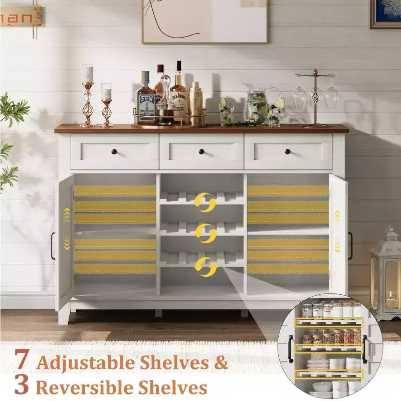 53.5 Credenza Bar Rustica con Anta Scorrevole, 3 Cassetti, Ripiano Regolabile e Portabottiglie Rimovibile per Sala da Pranzo
