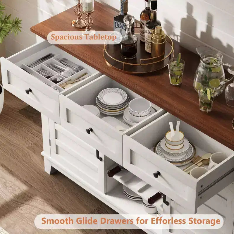 53.5 Credenza Bar Rustica con Anta Scorrevole, 3 Cassetti, Ripiano Regolabile e Portabottiglie Rimovibile per Sala da Pranzo