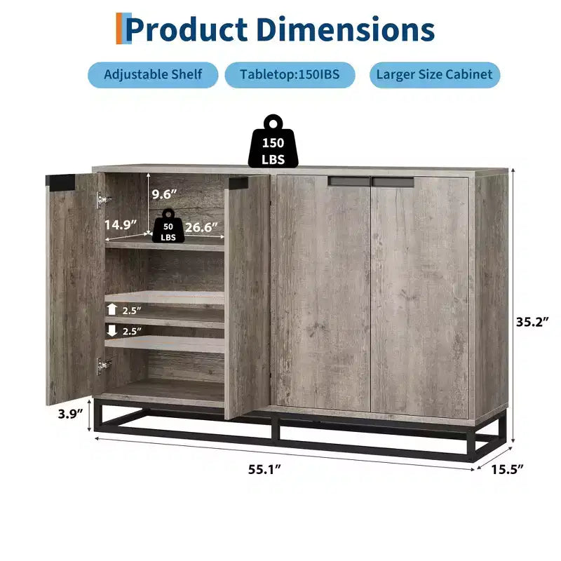 Credenza Buffet da 140 cm con Ante e Ripiani Regolabili, Mobile Contenitore da Cucina