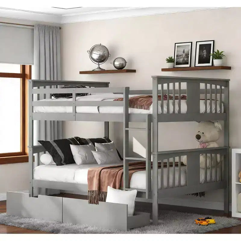 Bellemave Full Over Full Wood Bunk Bed with 2 Under-Bed Storage Drawers, Sturdy Bed Frame for Bedroom, Gray.