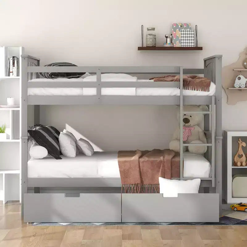 Letto a castello in legno "Full Over Full" con 2 cassetti portaoggetti sotto il letto, struttura robusta per camera da letto, grigio.