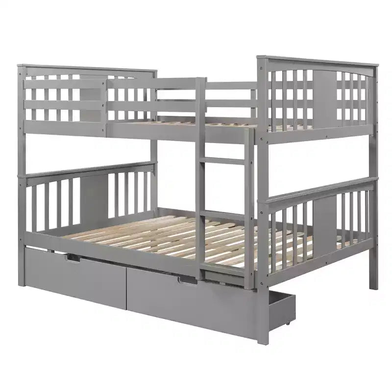 Letto a castello in legno "Full Over Full" con 2 cassetti portaoggetti sotto il letto, struttura robusta per camera da letto, grigio.