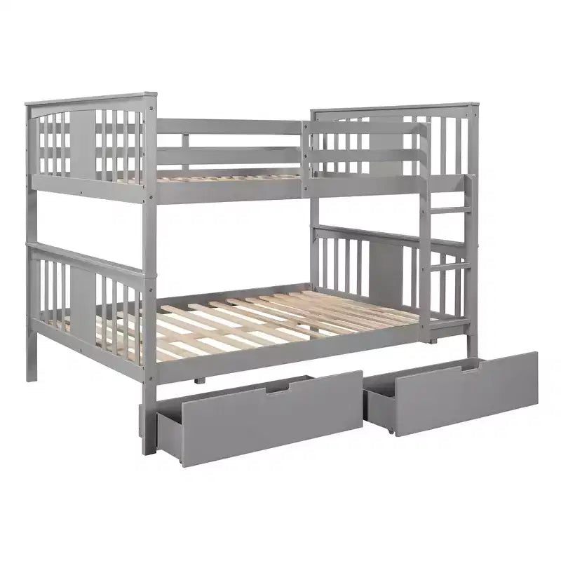 Letto a castello in legno "Full Over Full" con 2 cassetti portaoggetti sotto il letto, struttura robusta per camera da letto, grigio.
