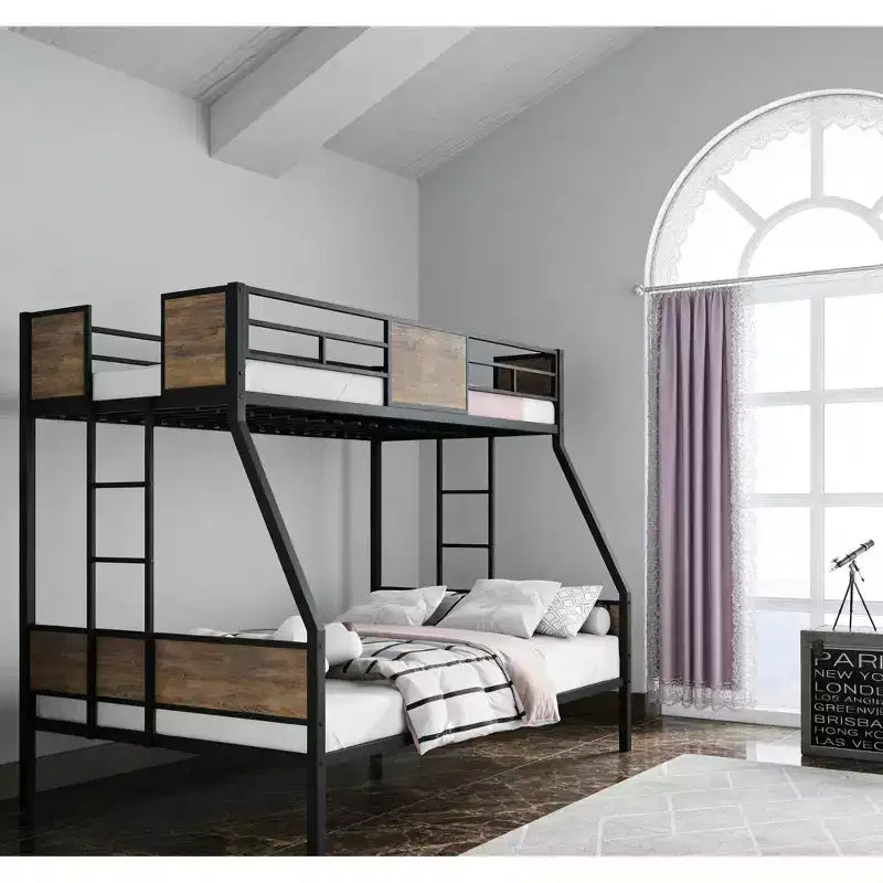 Bellemave Twin Over Full Bunk Beds with 2 Ladders & Safety Guardrail, Metal Bed Frame with Protective Board Supports, Brown.