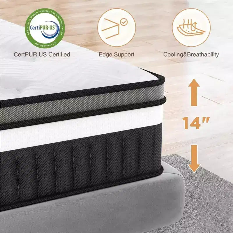 Materasso ibrido matrimoniale da 14 pollici in scatola, memory foam in gel, sonno rinfrescante, sensazione media, rivestimento traspirante, certificato CertiPUR-US