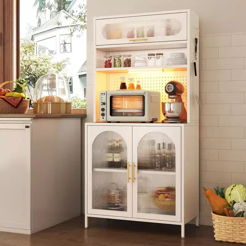Dispensa da cucina in metallo a 5 ripiani, illuminata a LED, con ripiani regolabili e credenza superiore, per cucina/sala da pranzo