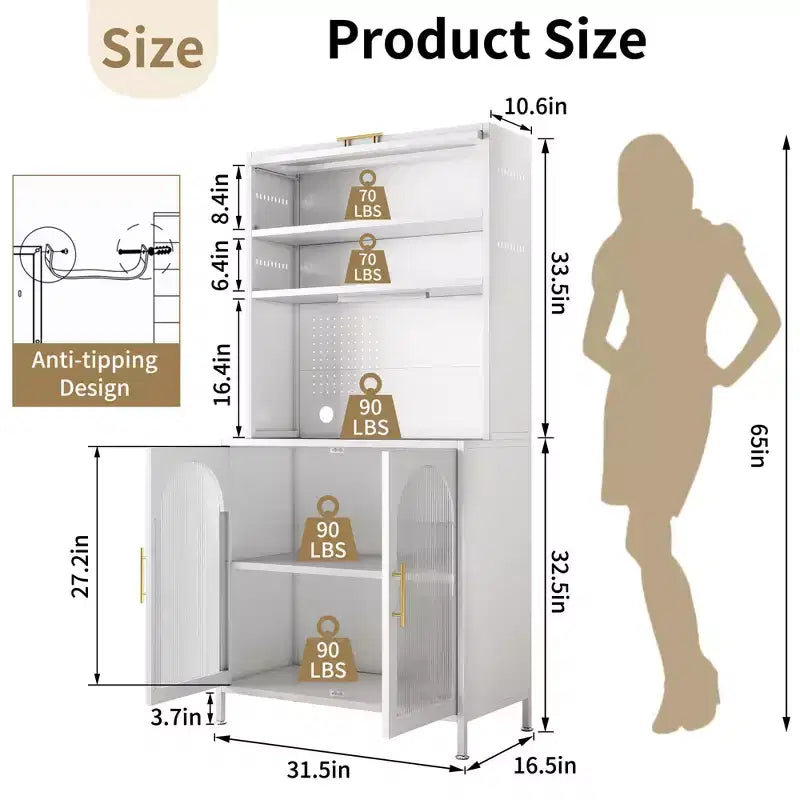 Dispensa da cucina in metallo a 5 ripiani, illuminata a LED, con ripiani regolabili e credenza superiore, per cucina/sala da pranzo