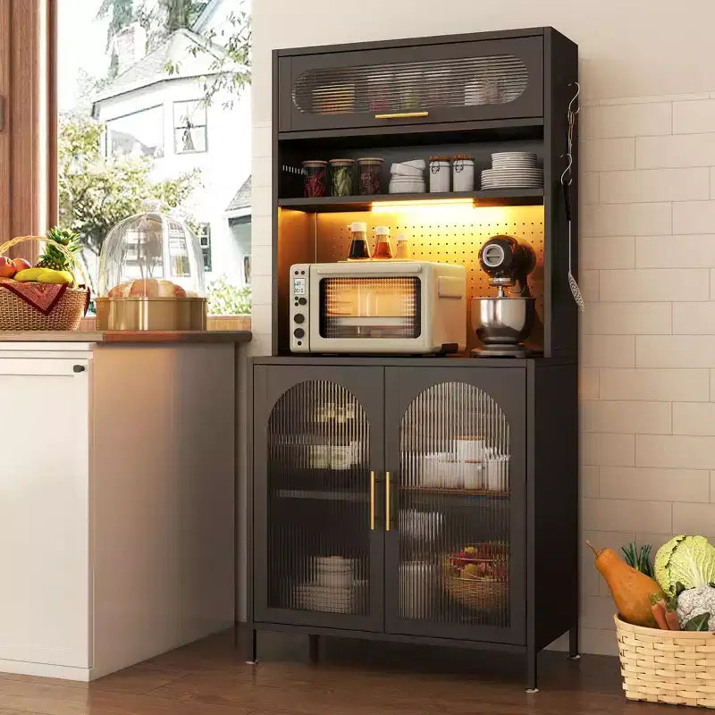 Dispensa da cucina in metallo a 5 ripiani, illuminata a LED, con ripiani regolabili e credenza superiore, per cucina/sala da pranzo
