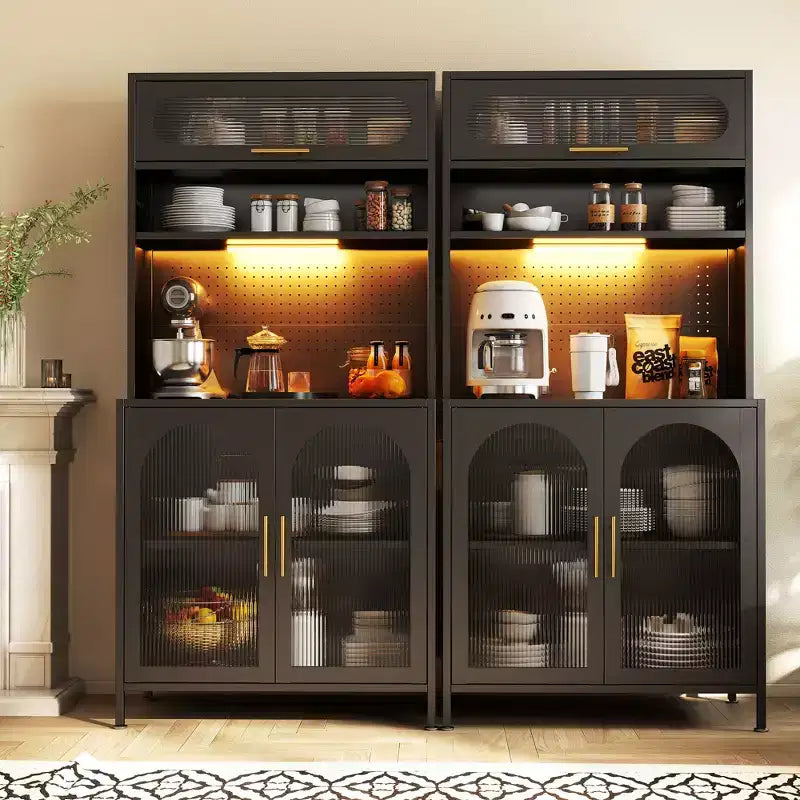 Dispensa da cucina in metallo a 5 ripiani, illuminata a LED, con ripiani regolabili e credenza superiore, per cucina/sala da pranzo